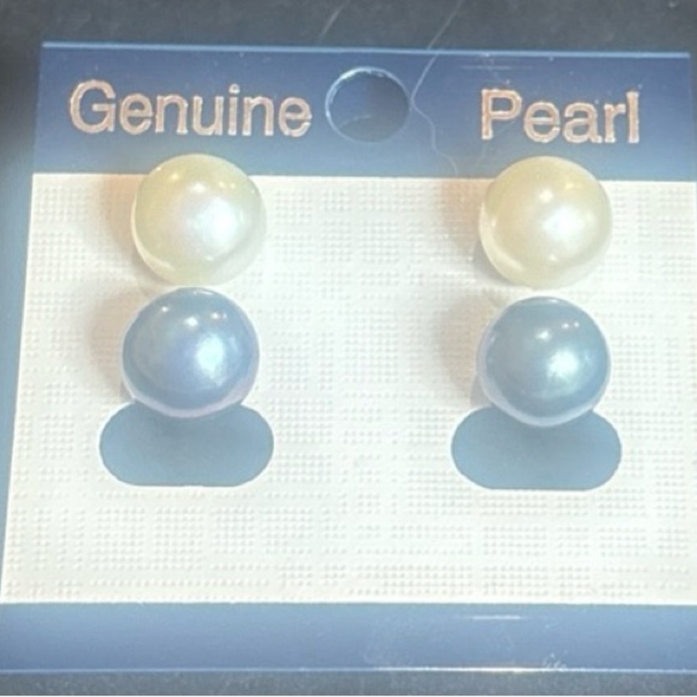 Genuine Pearl Earrings Set - White and Blue